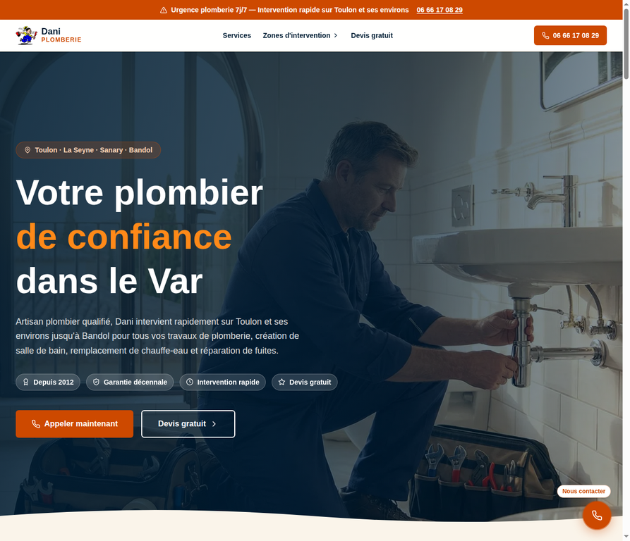 Aperçu du premier écran du site Dani Plomberie