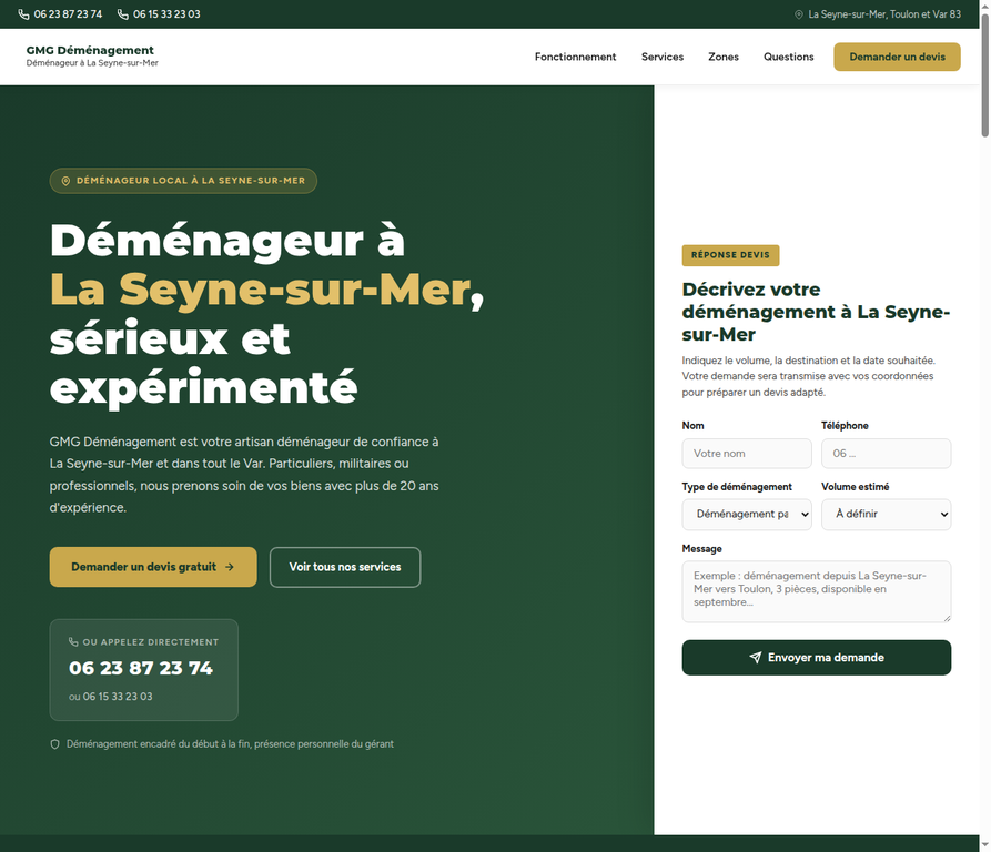 Aperçu du premier écran du site GMG Déménagement