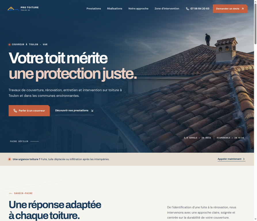 Aperçu du premier écran du site Pro Toiture Toulon 83
